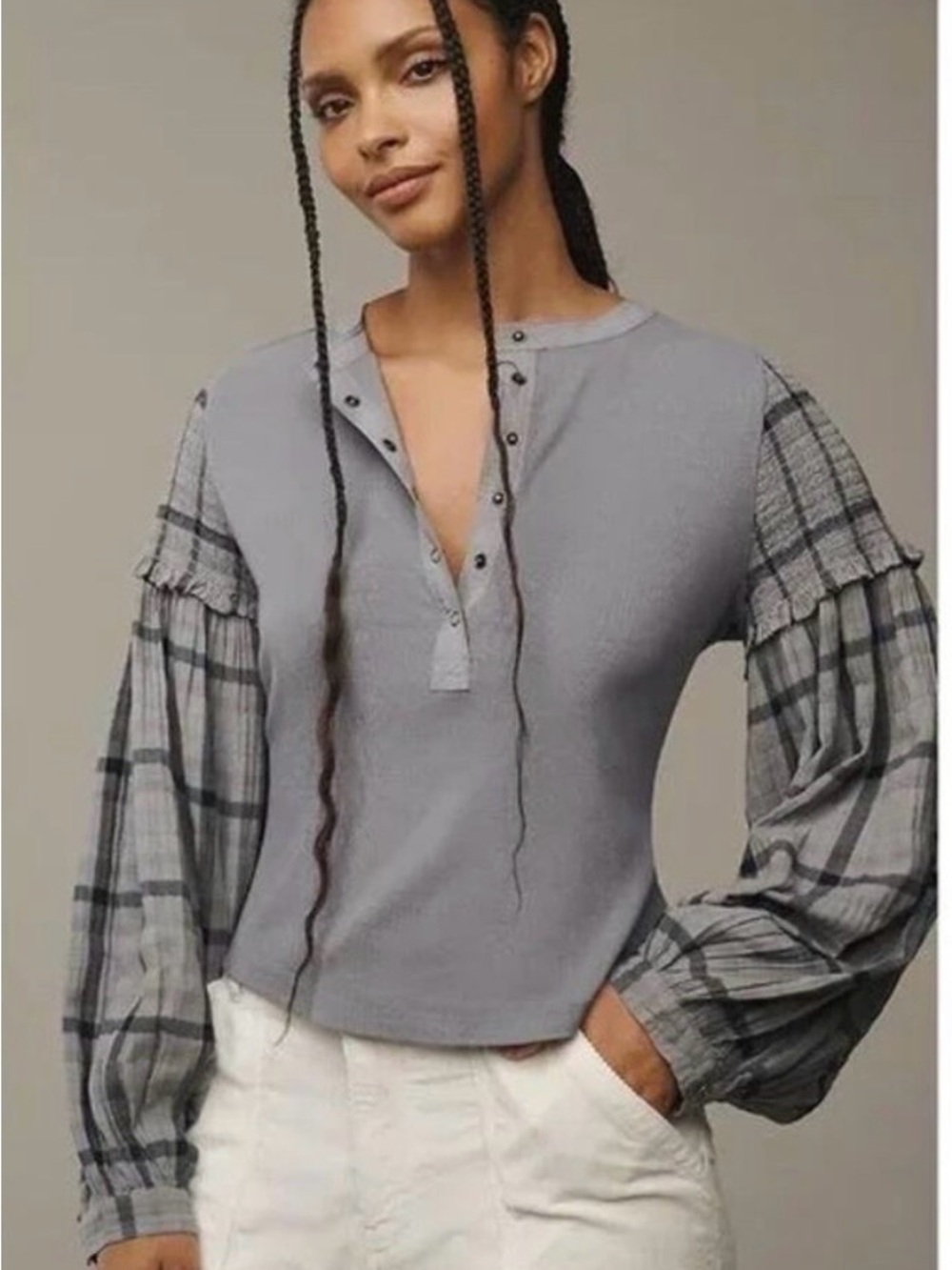 Anthropologie Pilcro Andie Blue Plaid Balloon Sleeve Ribbed Snap Henley Top